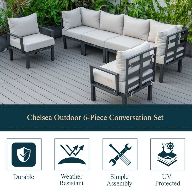 Chelsea 6-Piece Outdoor Patio Sectional Set in Black Aluminum with Removable Cushions for Backyard Garden and Patio Deck