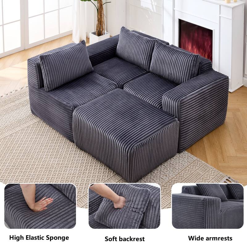 Minimalist Modular Corduroy Cloud Couch, L-shaped Sectional Sofa with Deep Seats and Ottoman Chaise Lounge for Living Room