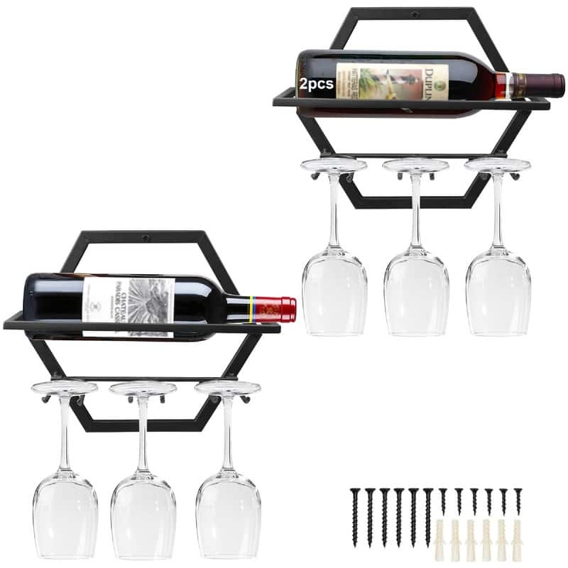 2Pcs Wall Mounted Wine Bottle Stemware Rack - 11"D x 10"W x 1.8"H - Black