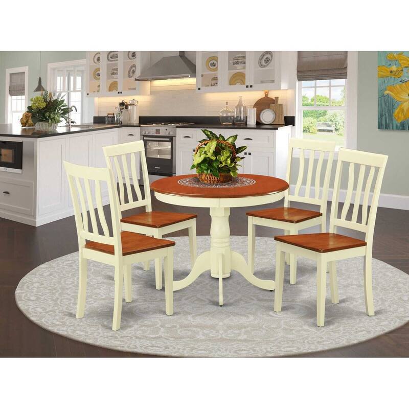 HomeStock 5-Piece Round Buttermilk and Cherry Finish Solid Wood Top Dining table with 4 Chairs