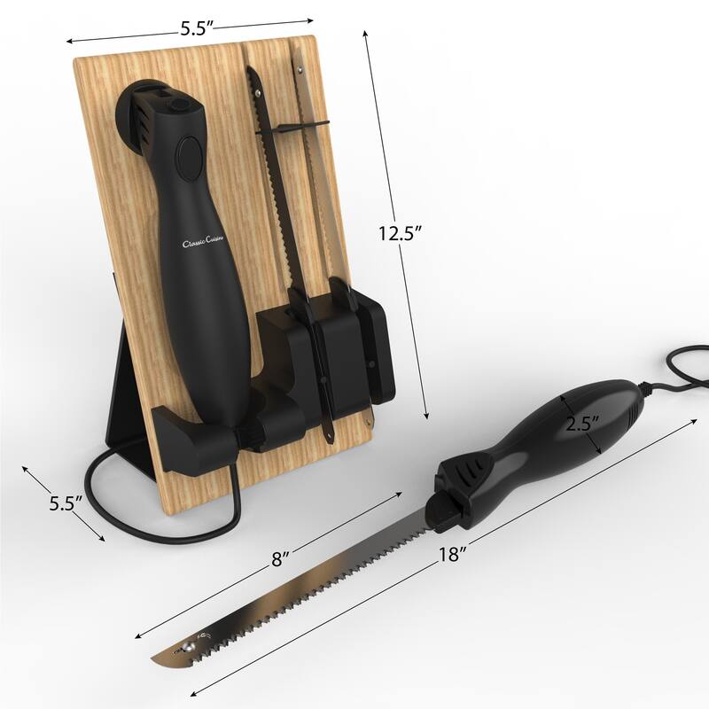 Electric Carving Knife Set - 2 Stainless-Steel Blades, Comfort Grip Handle, and Wood Storage Block by Classic Cuisine