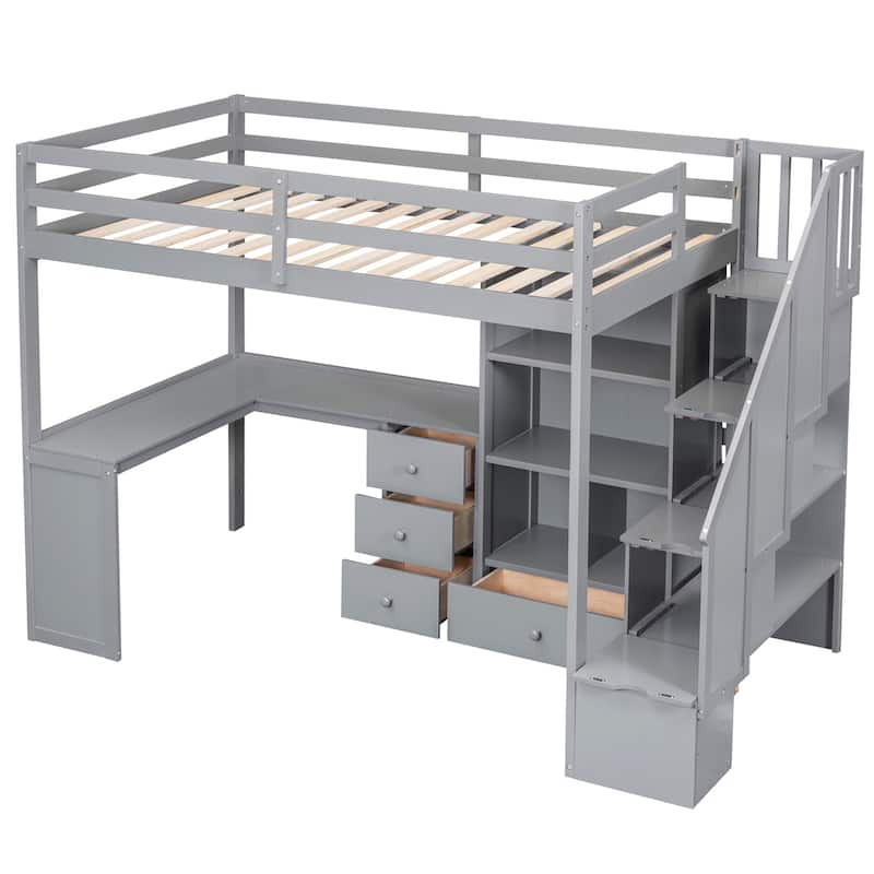 Twin Size Loft Bed with L-Shaped Desk, 3 Drawers, Cabinet & Storage Staircase, Full-Length Guardrail for Top Bunk