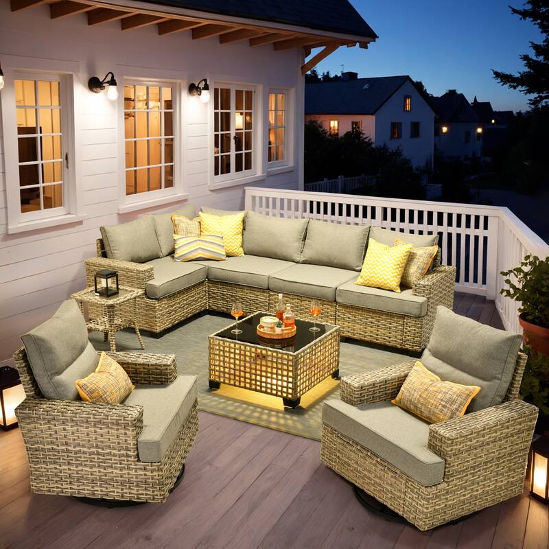 OVIOS 9 Pieces T shaped Seat Wide Armrest Swivel Chair Set With Solar-Powered Table - DarkGrey