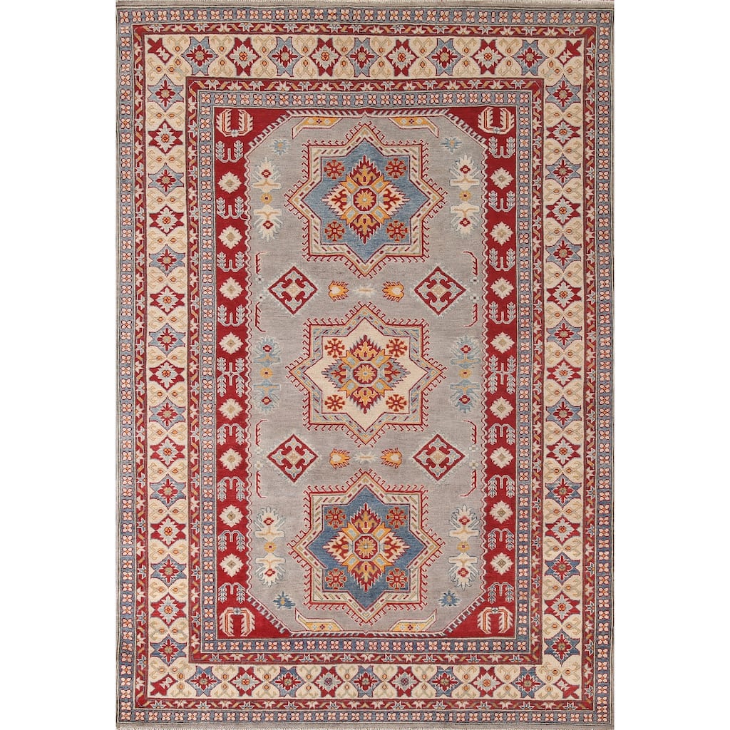 Kazak Area Rug Hand-Knotted Geometric Grey Wool Carpet - 6'9" x 9'8"