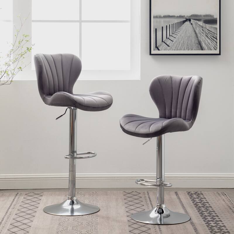 Set of 2 Adjustable Swivel Barstools with Upholstered Bucket Seats and Chrome Footrest. - Gray