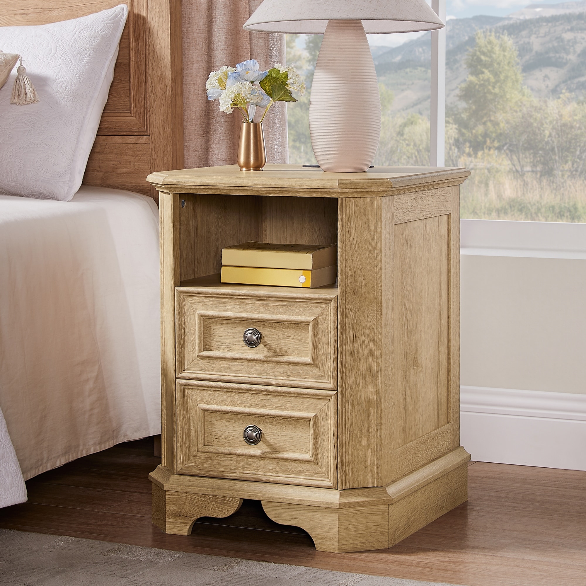 18" Farmhouse Nightstand with Charging Station, End Table, Side Table