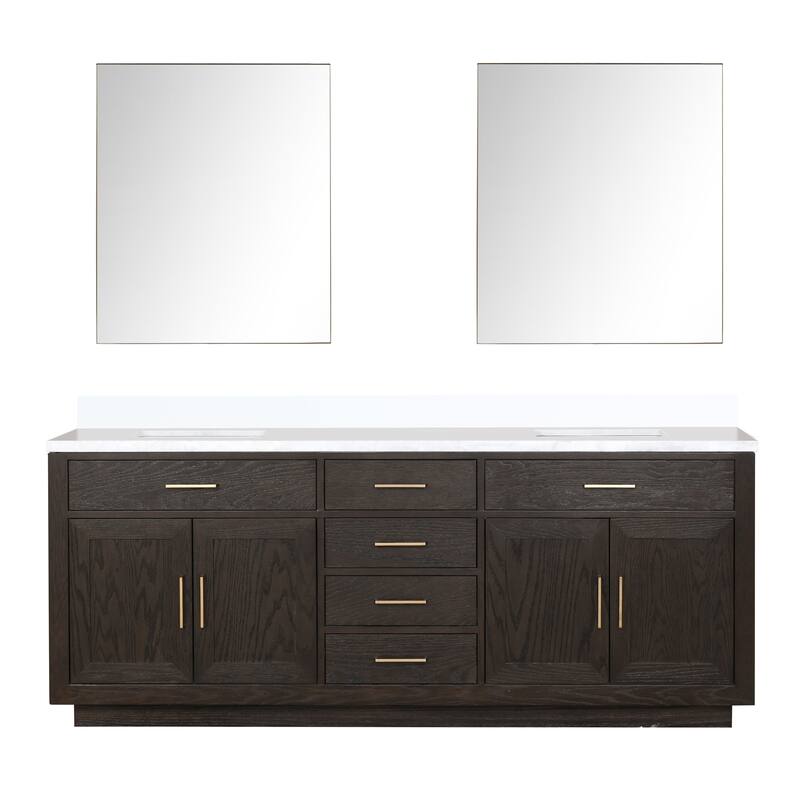 Abbey 60 in W x 22 in D Black Oak Double Bath Vanity, White Quartz Top, and 28 in Mirrors - 84 - Brown Oak