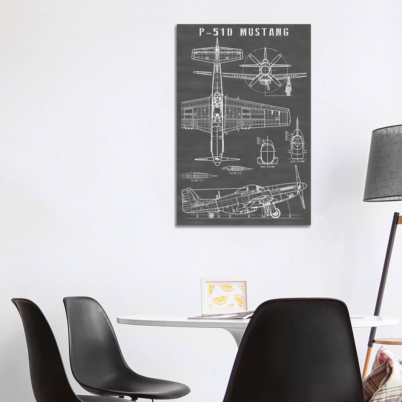 iCanvas "P-51 Mustang Vintage Airplane In Black" by Action Blueprints Canvas Print - 40x26x1.5