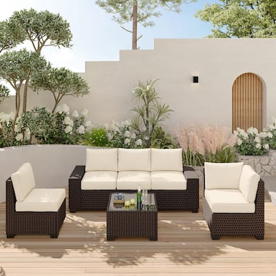 Outdoor Patio Sofa,6 Piece Rattan Furniture Set with Glass Table