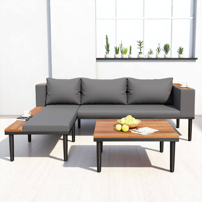 3-Piece Outdoor Sofa Set with Acacia Wood Frame, Side Table & Coffee Table, Weather-Resistant Cushions, Patio Conversation Set
