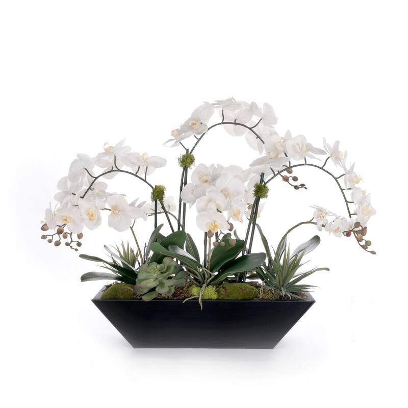 Real Touch White Orchid Flower Arrangement in Black Planter