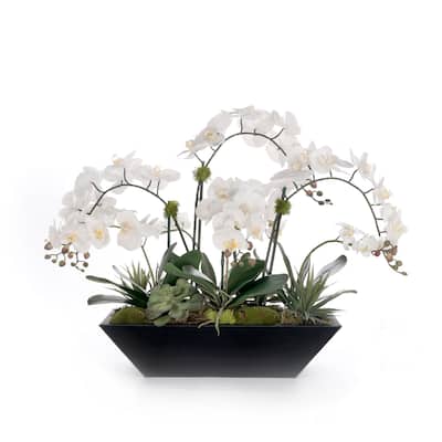 Real Touch White Orchid Flower Arrangement in Black Planter