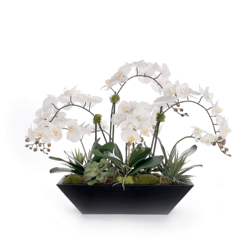 Real Touch White Orchid Flower Arrangement in Black Planter
