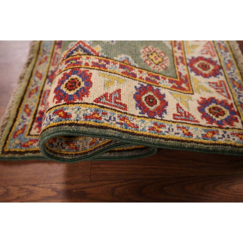 Geometric Kazak Foyer Rug Hand-Knotted Green Wool Carpet - 2'0" x 2'10"