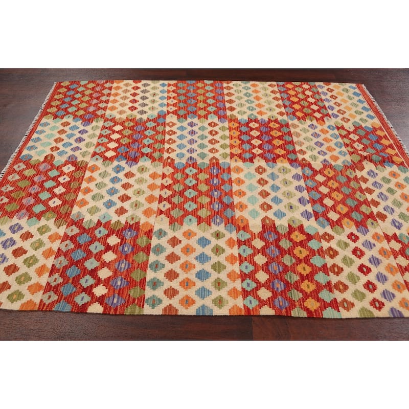 Geometric Kilim Oriental Home Decor Area Rug Wool Flat-weave Carpet - 5'2" x 6'5"