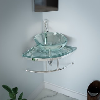 Talula Square Corner Tempered Glass Wall Mount Vessel Sink with Chrome Faucet, Drain and Towel Bar