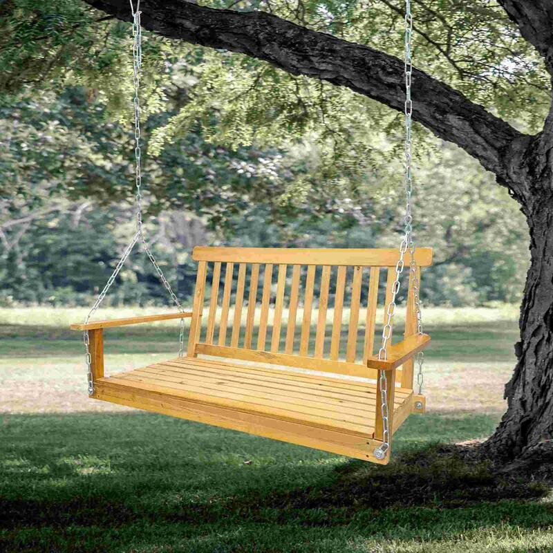 Armrest Wood Bench Swing with Hanging Chains - Natural Tan