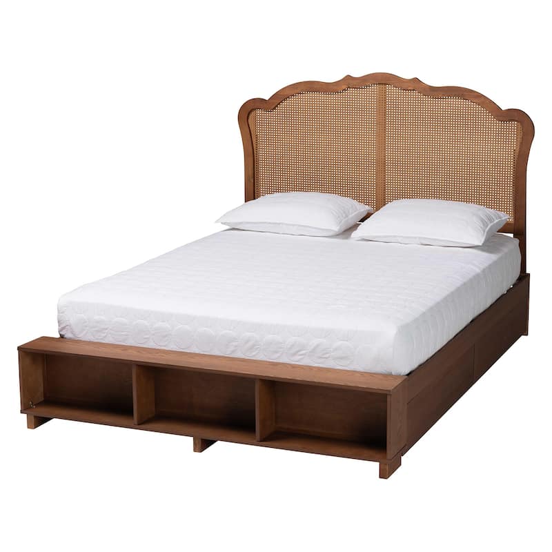 Latrell Mid-Century Walnut Brown Wood and Rattan Storage Bed - King