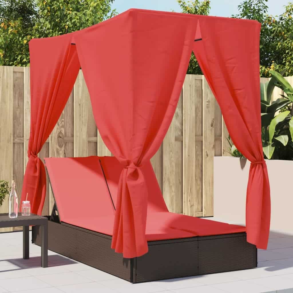 vidaXL Double Sun Lounger with Roof and Curtains Brown/Gray/Black Poly Rattan - 78.7" x 44.9" x 77.2"