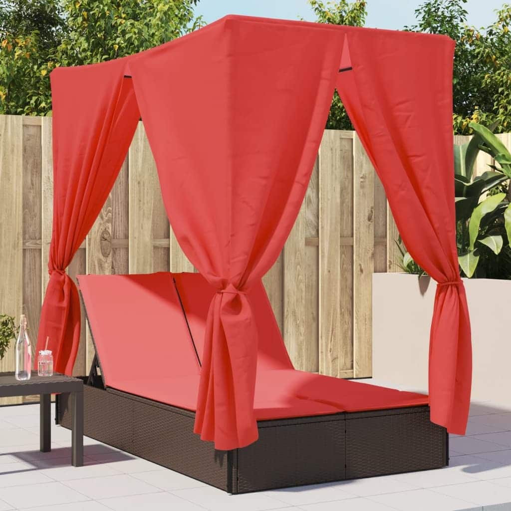 vidaXL Double Sun Lounger with Roof and Curtains Brown/Gray/Black Poly Rattan - 78.7" x 44.9" x 77.2"