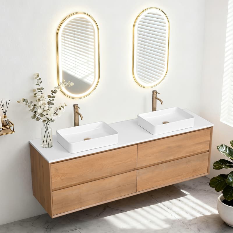 Sylphar 72 inch Toffee Oak Floating Bathroom Vanity with White Quartz Top