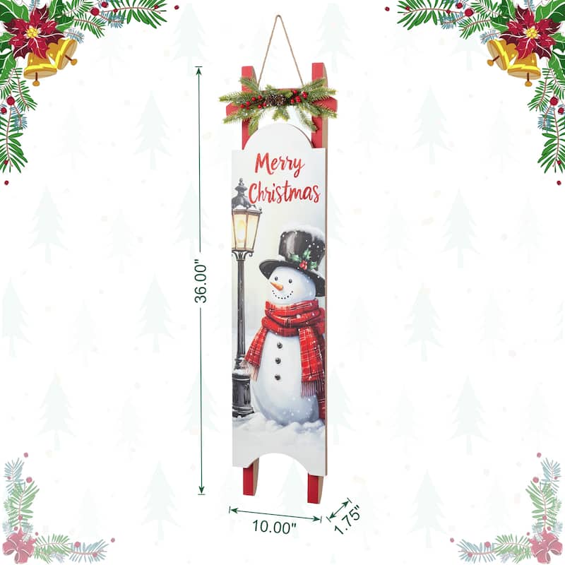Glitzhome 36"H Wooden Christmas Snowman Sleigh Porch Sign - Multi