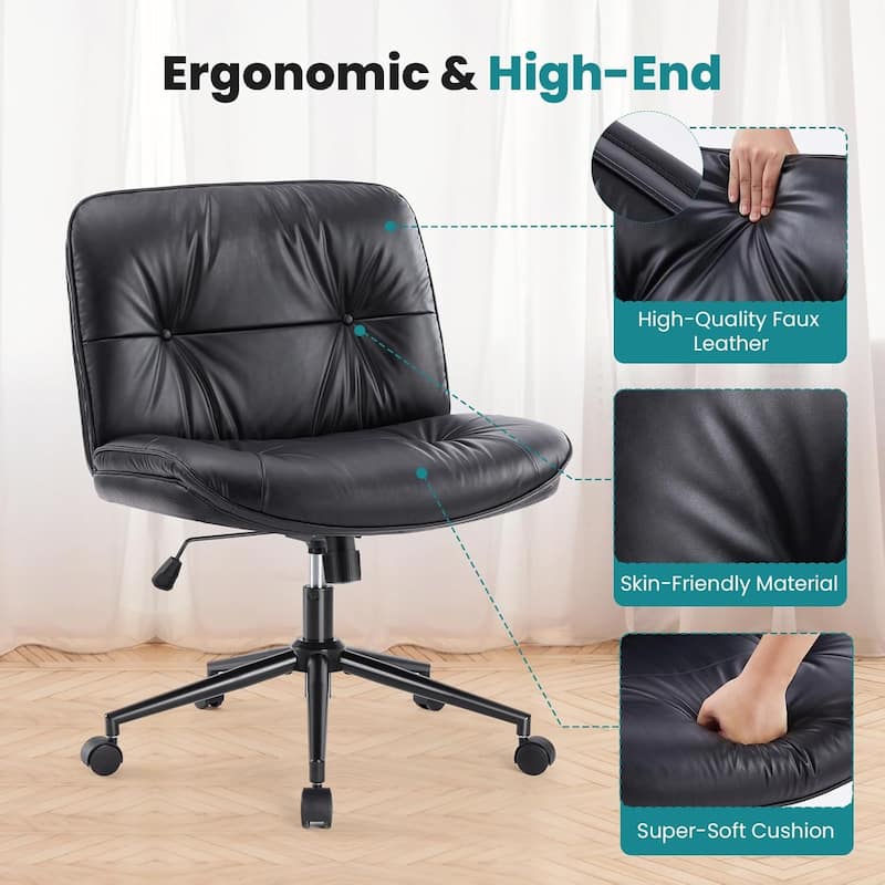 Criss Cross Chair with Wheels, Legged Home Office PU Leather Wide Armless Desk Seat - 27"D x 26.4"W x 34.8"H