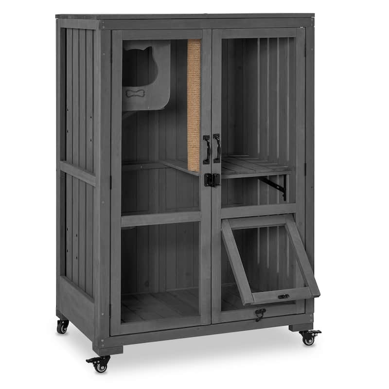 Mcombo Luxury Cat House with Scratching Post, Wooden Large Cat Villa with Wheels, Multi-Feature Cat Condo with Escape Door CT83 - Grey
