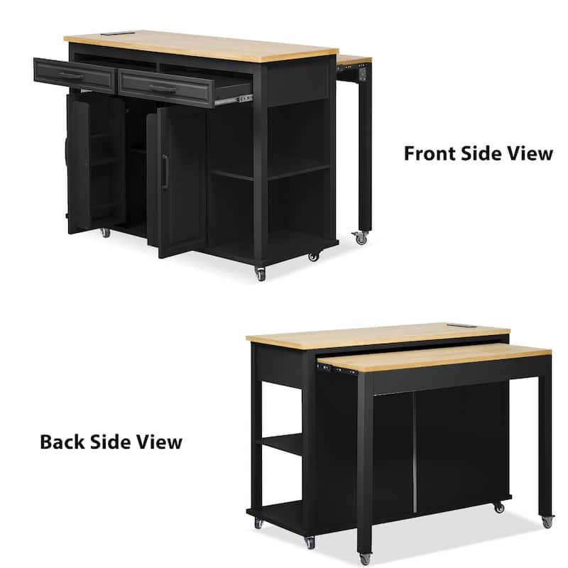 Modern Kitchen Island with Retractable Dining Table, Interior Storage Shelf, Power Socket, 2 Drawers and 2 Cabinets, for Kitchen