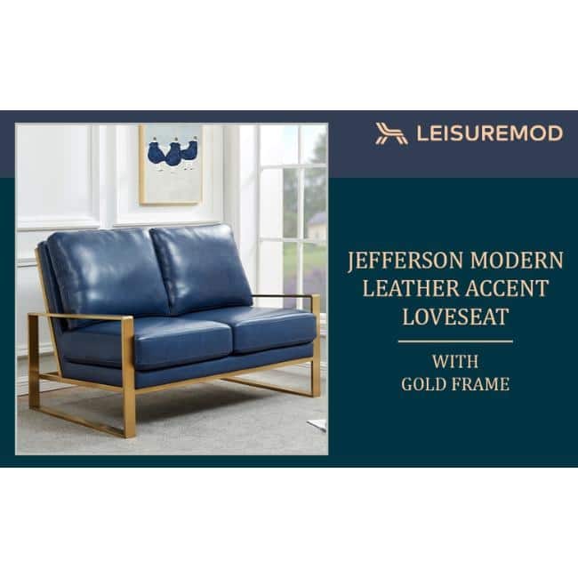 Jefferson Modern Leather Loveseat Gold with Gold Metal Base, Cushion Seating, Pocket Springs, and Protective Floor Pads - 53.1