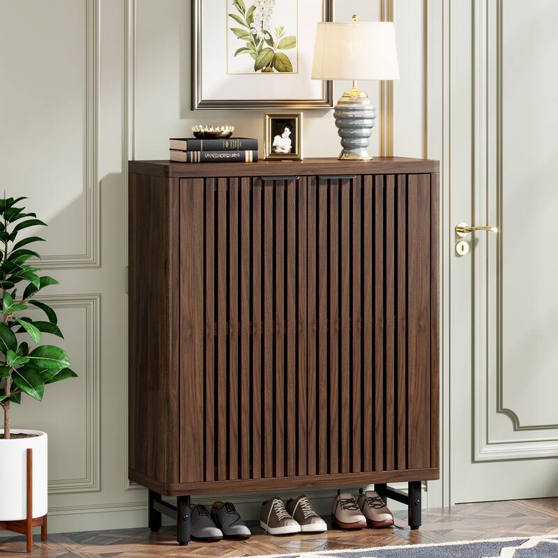 Wooden Shoe Cabinet with Shutter Doors, Adjustable Shelves Large Hidden Storage Organizer Rack for Entryway Hallway