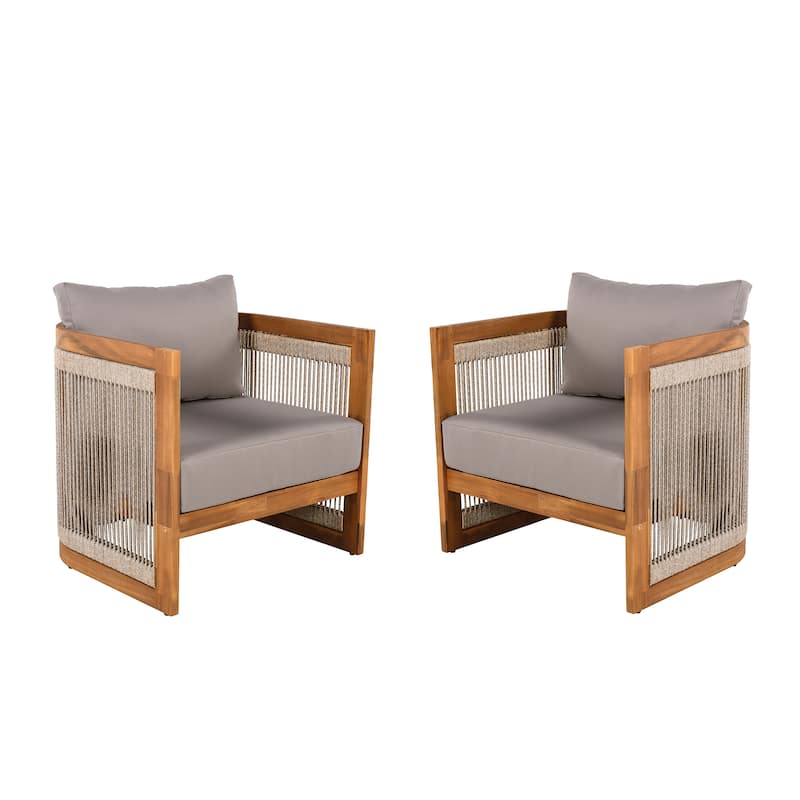 [Set of 2] Premium Acacia Wood Outdoor Club Chair, Curved Tub Design with Woven Rope Accents, Water-Resistant Cushions
