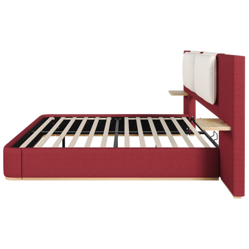 Roomfitters Queen Size Upholstered Platform Bed Frame, Modern Panel Headboard with Rounded Corners, Solid Wood Slats
