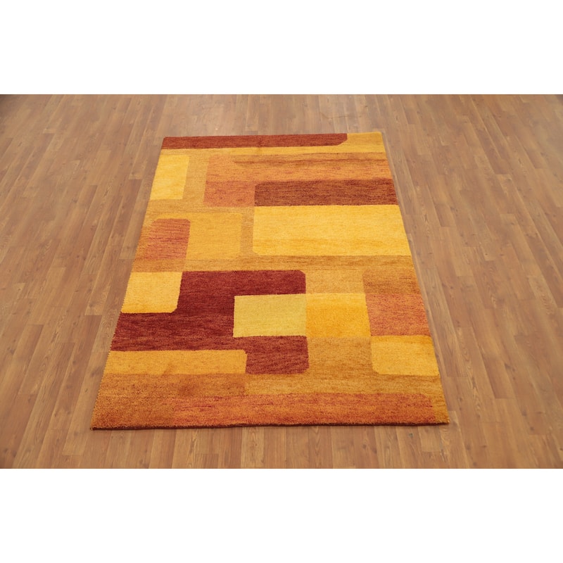 Hand Knotted Oriental 100% Wool Carpet Modern Geometric Yellow & Gold Gabbeh Area Rug - 6' 6'' X 4' 6''