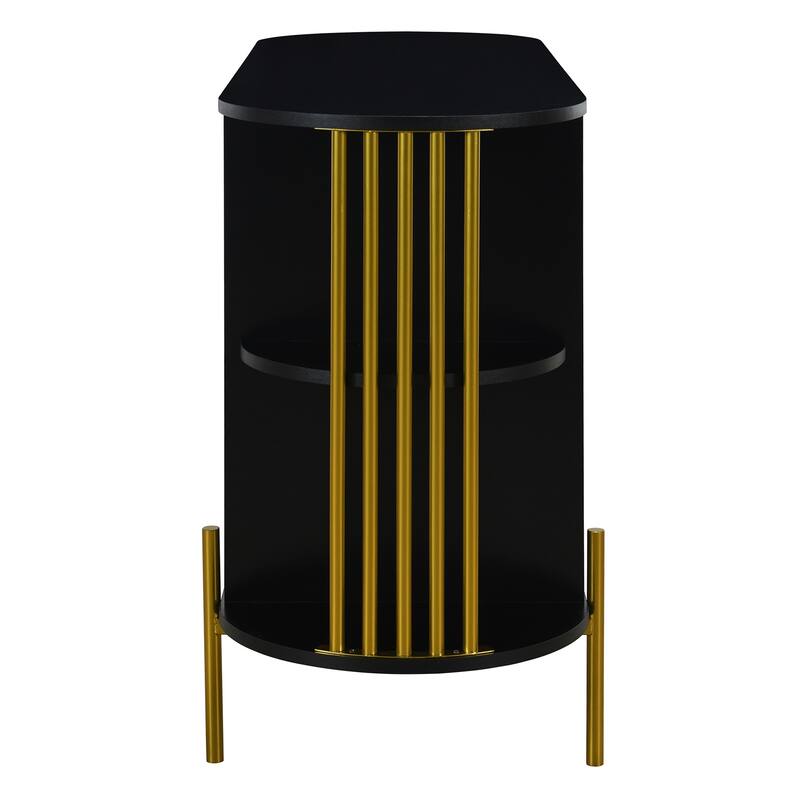 Curved Black Sideboard with Woven Rattan Doors and Open Storage