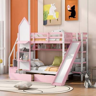 Twin-Over-Twin Castle Style Bunk Bed with 2 Drawers 3 Shelves and Slide ...