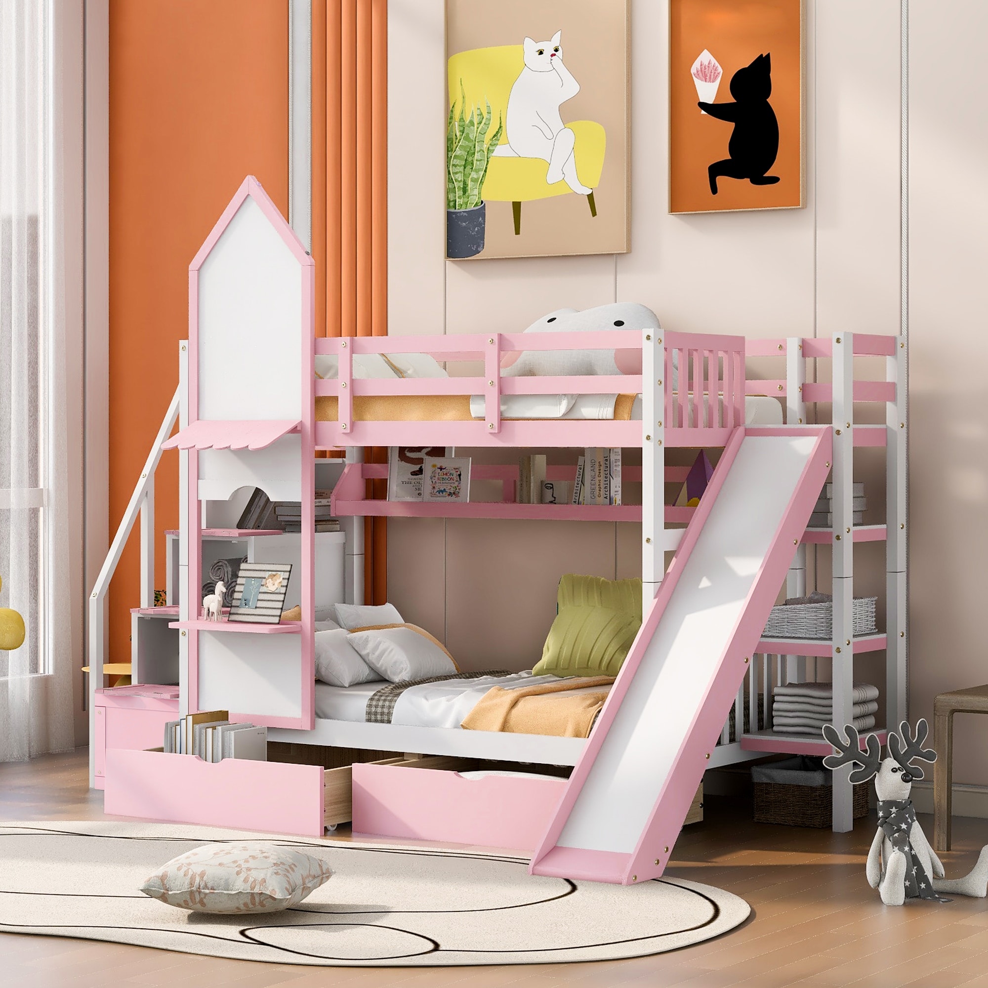 Twin-Over-Twin Castle Style Bunk Bed with 2 Drawers 3 Shelves and