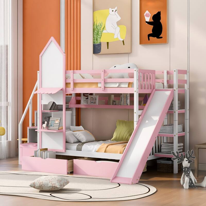 Twin-Over-Twin Castle Style Bunk Bed with Drawers,Shelves,Slide