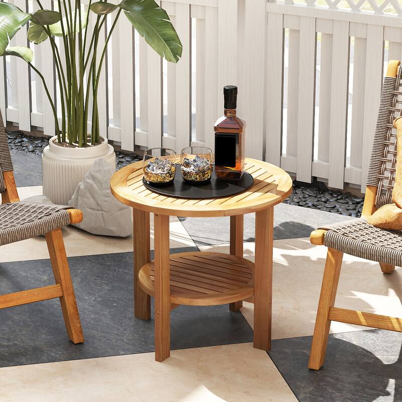 Gymax Teak Wood 2-Tier Side Table 19.5'' Round Coffee Table End Table
