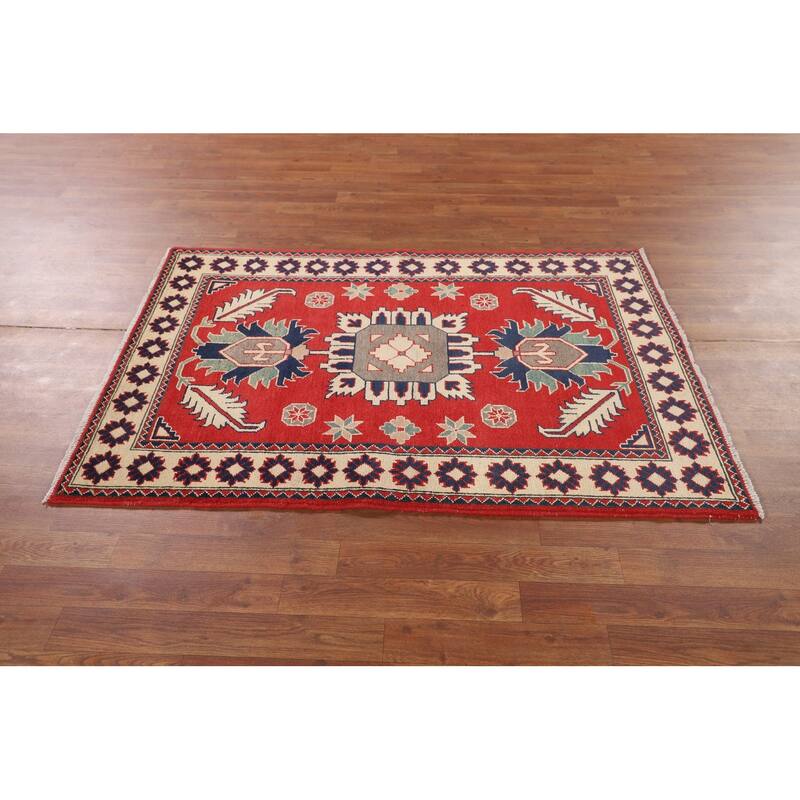Geometric Red Kazak Oriental Accent Rug Hand-Knotted Wool Carpet - 3'5" x 4'11"