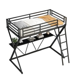 Twin Size X-Frame Loft Bed with Desk, Ladder, and Full-Length Safety Rails,No Box Spring Needed