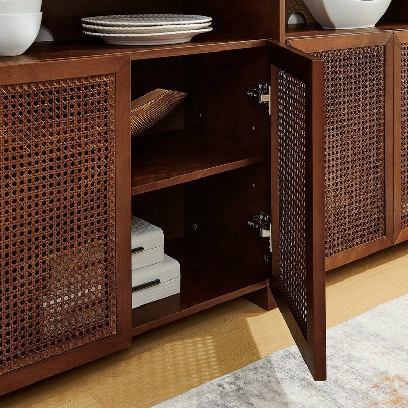 Mid Century Modern 63" Wide 4 - Cane Rattan Door Storage Sideboard with Open Shelf, Wine Bar Credenza for Living Room Entryway