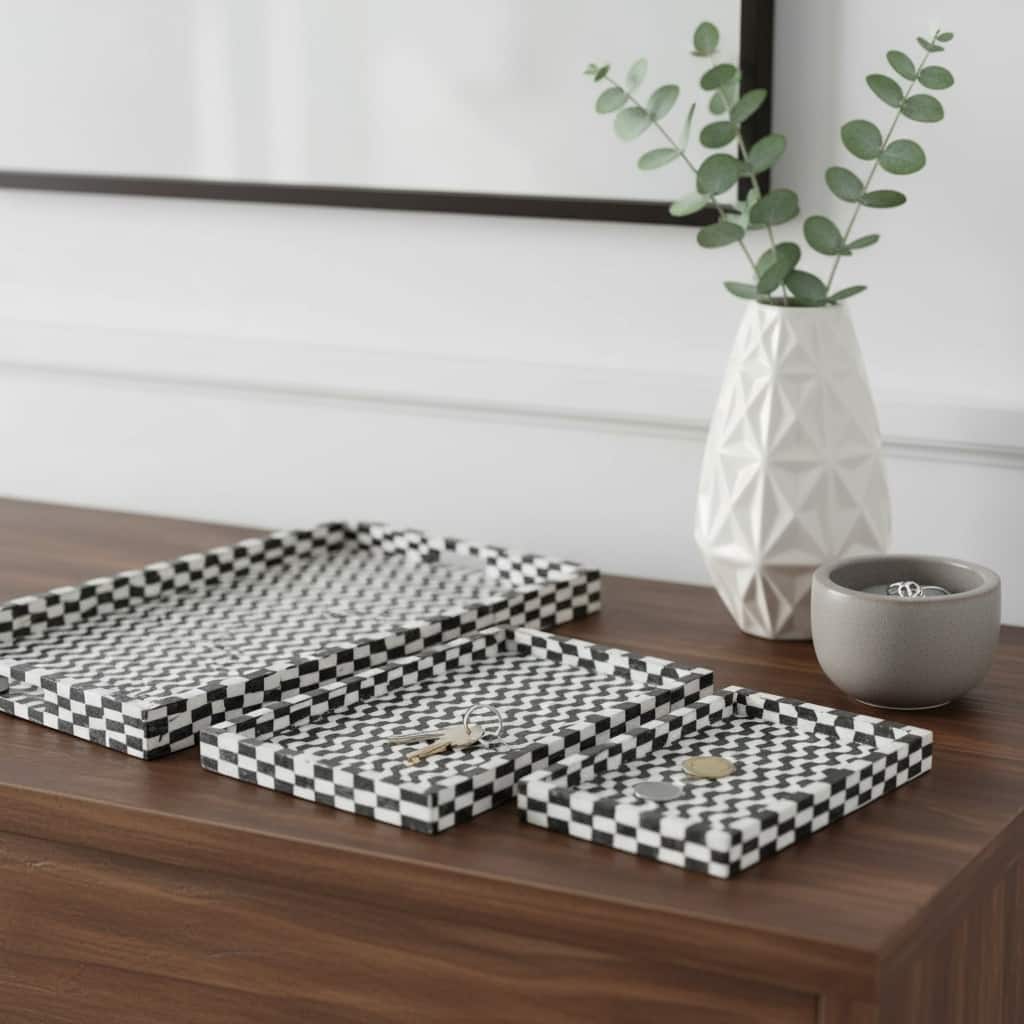 Resin Wood Geometric 3D Trays Set of 3 - Black, 13/18/24 in. - 24.0"