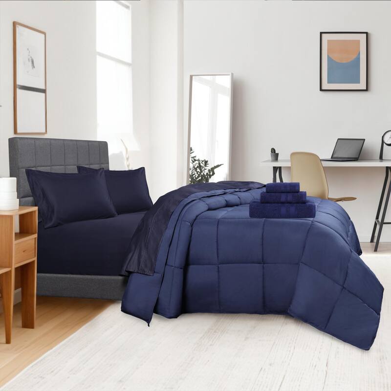 Superior Dorm In A Bag Comforter, Sheet Set, 3 Piece Towel Set and Pillows, Twin XL, Navy Blue - Twin XL - Navy Blue