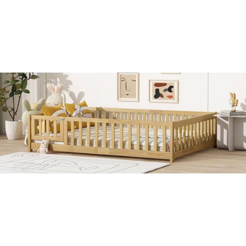 Roomfitters Full Size Floor Bed with Surround Fence & Swing Door, Rubber Wood Floor Platform Bed with Guardrail & Slat, Natural