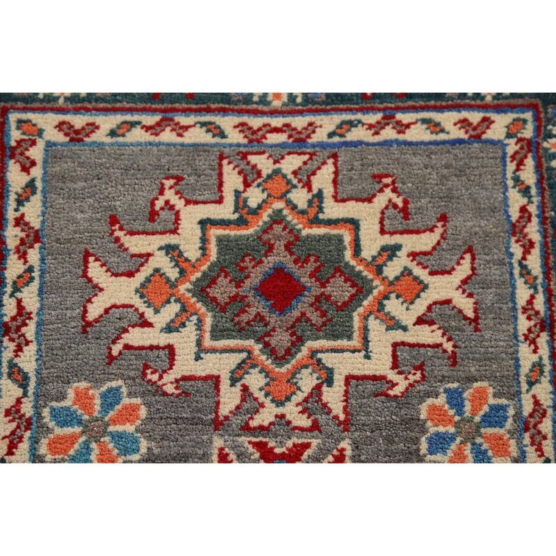 Hand Knotted Oriental 100% Wool Carpet Traditional Geometric Greys & Charcoal Kazak Area Rug - 2' 10'' X 1' 11''