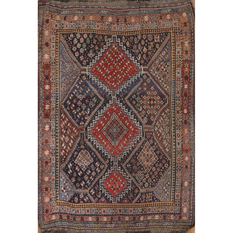 Pre-1900 Antique Blue Qashqai Persian Area Rug Handmade Wool Carpet - 5'1"x 7'8"