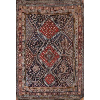 Pre-1900 Antique Blue Qashqai Persian Area Rug Handmade Wool Carpet - 5'1"x 7'8"