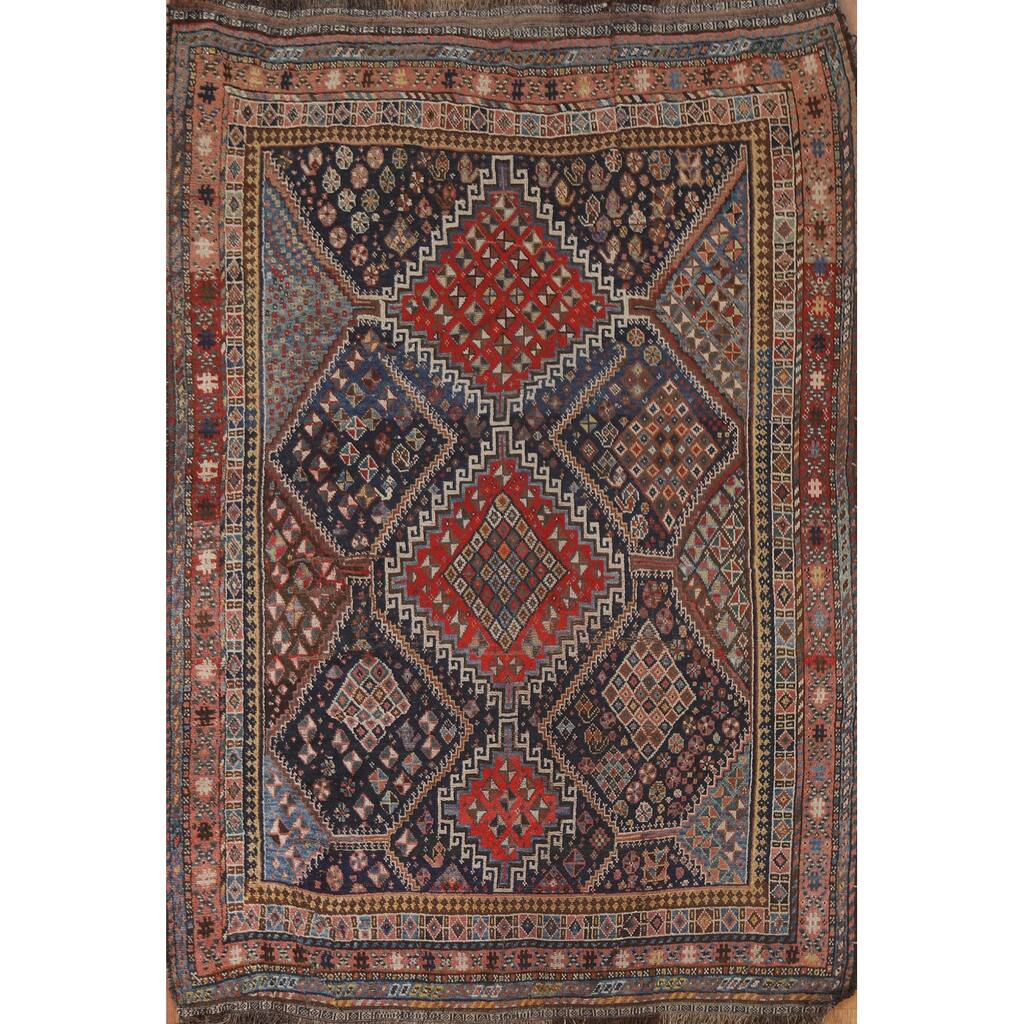 Pre-1900 Antique Blue Qashqai Persian Area Rug Handmade Wool Carpet - 5'1"x 7'8"