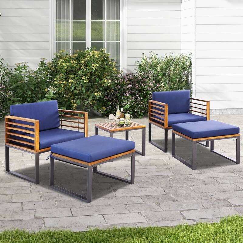 5 PCS Patio Chair Set Acacia Wood Chair Set w/Ottomans & Coffee Table